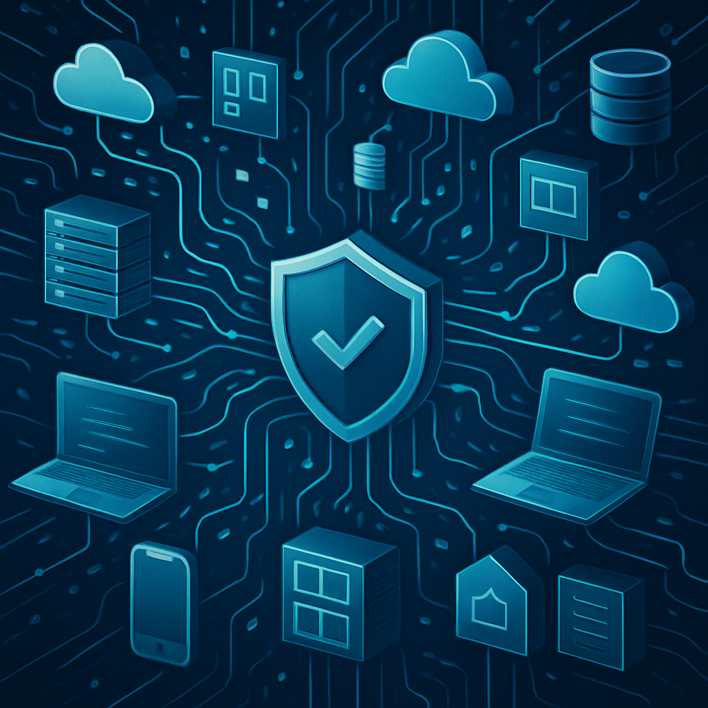 Create a modern hightech illustration representing data sprawl in techenabled companies Show a vast digital environment with fragmented data sources s-1