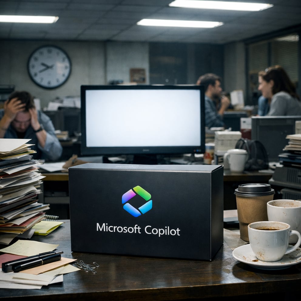 https://534183.fs1.hubspotusercontent-na1.net/hubfs/534183/AI-Generated%20Media/Images/The%20image%20depicts%20a%20cluttered%20office%20environment%20filled%20with%20abandoned%20technology%20In%20the%20foreground%20a%20sleek%20unused%20Microsoft%20Copilot%20box%20sits%20unopened.png