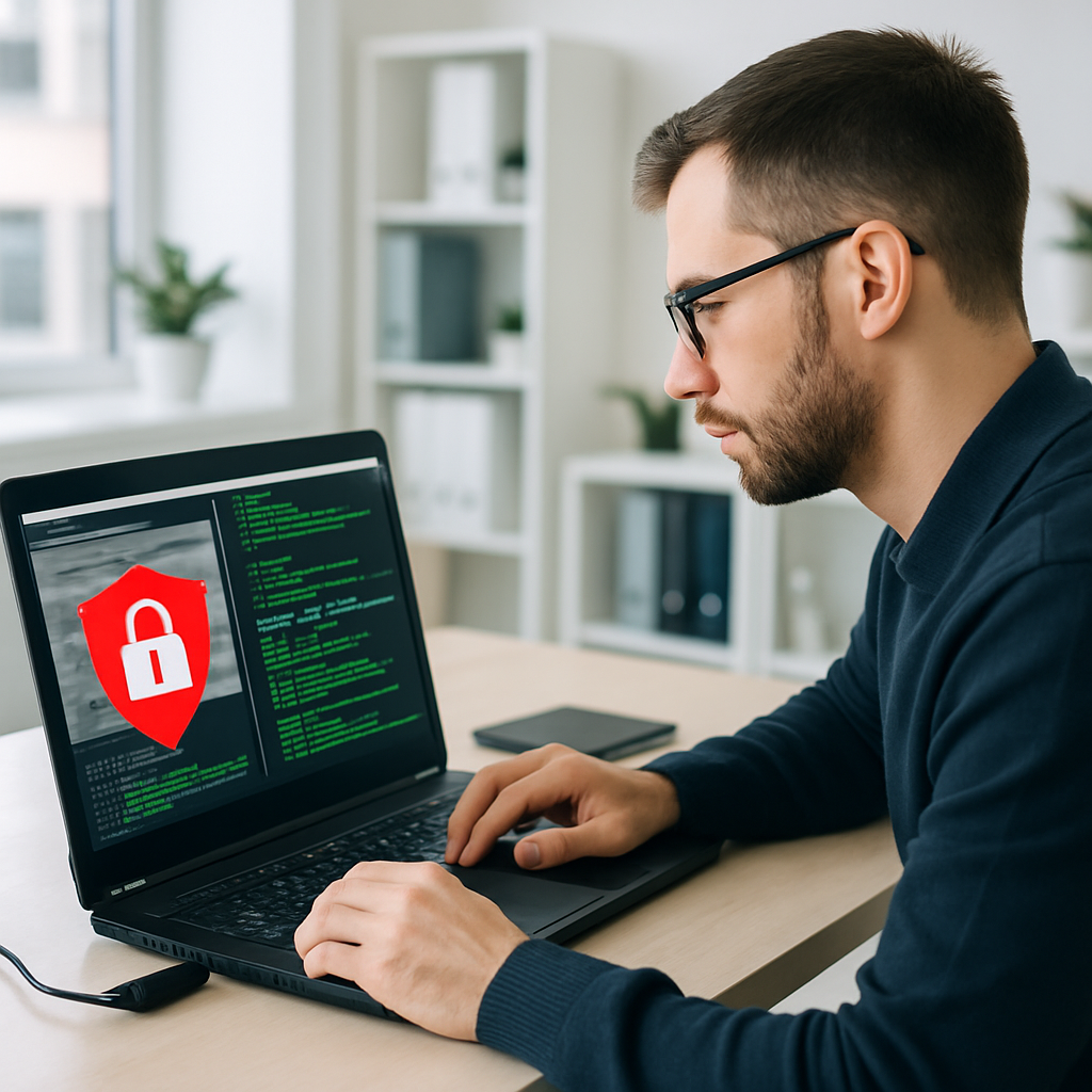 application security penetration testing on a computer with a tech expert light office background no words