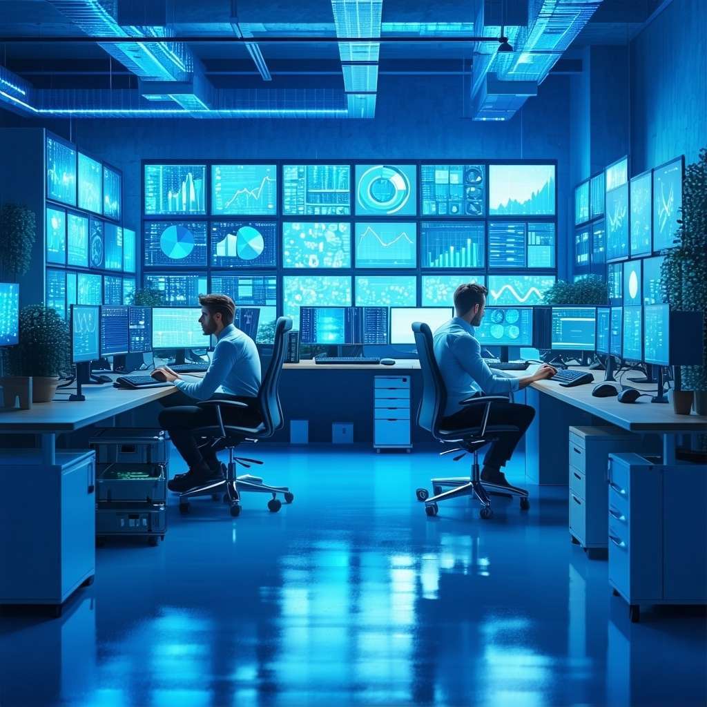 Cyber Advisors Complete IT Managed Services image is a mostly blue IT office with IT professionals working hard, fully dedicated team to your business