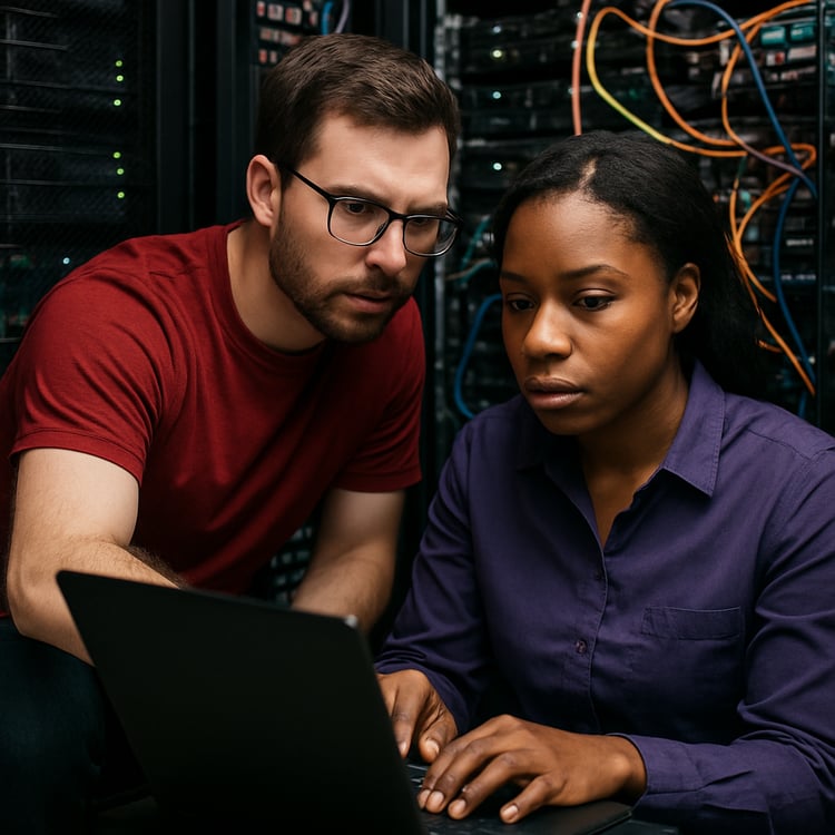 photographic Person in red shirt and purple shirt working on threat emulation together for penetration testing through cyber advisors red team and purple team services