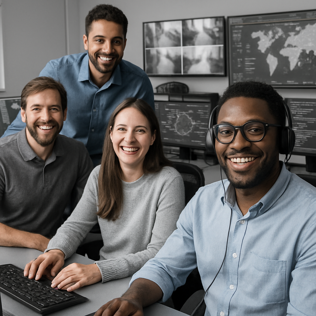 Cyber Advisors Essential IT Managed Services image shows 4 happy technology professionals in various gray shirts with big computer screens in the background