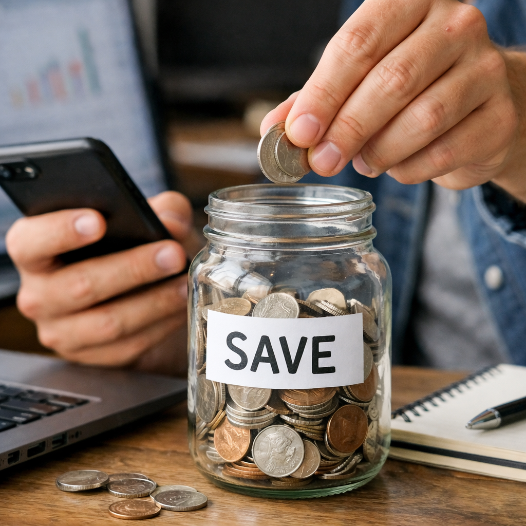 photographic a person sitting in front of a computer with their phone putting coins into a jar that says SAVE It should be a realistic picture but I w-1