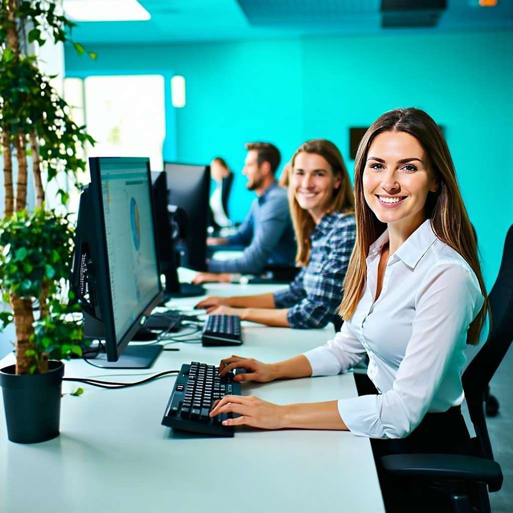 Cyber Advisors Strategic IT Managed Services image shows teal colored IT office with several happy professionals on computers