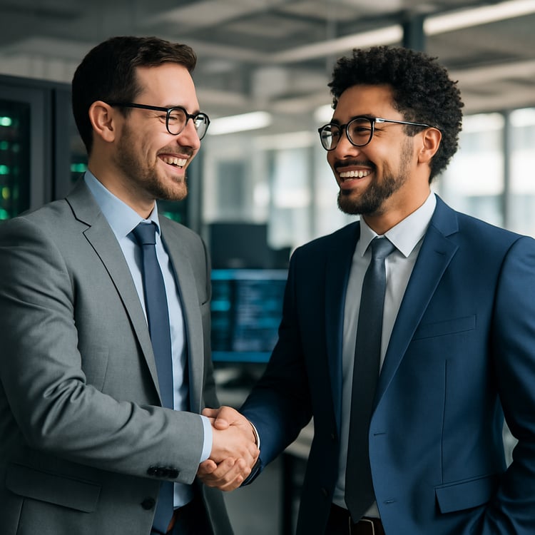 Cyber advisors - Achieve Your Company’s IT & Security Goals  image of two happy IT business people shaking hands
