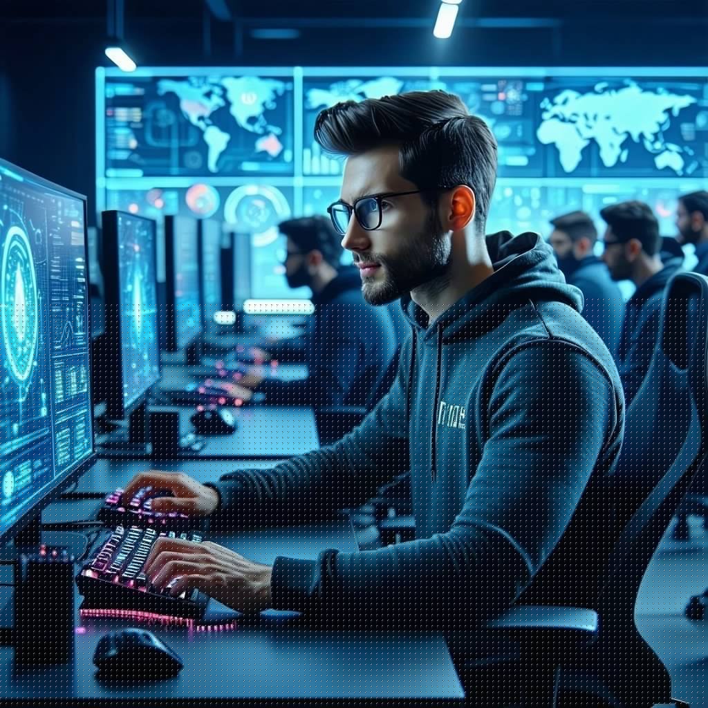 A dynamic scene depicting a cybersecurity competition featuring a diverse group of professionals intensely focused on their computer screens showcasing hightech interfaces and data analytics In the foreground a tall confident man named Jesse Homa wit