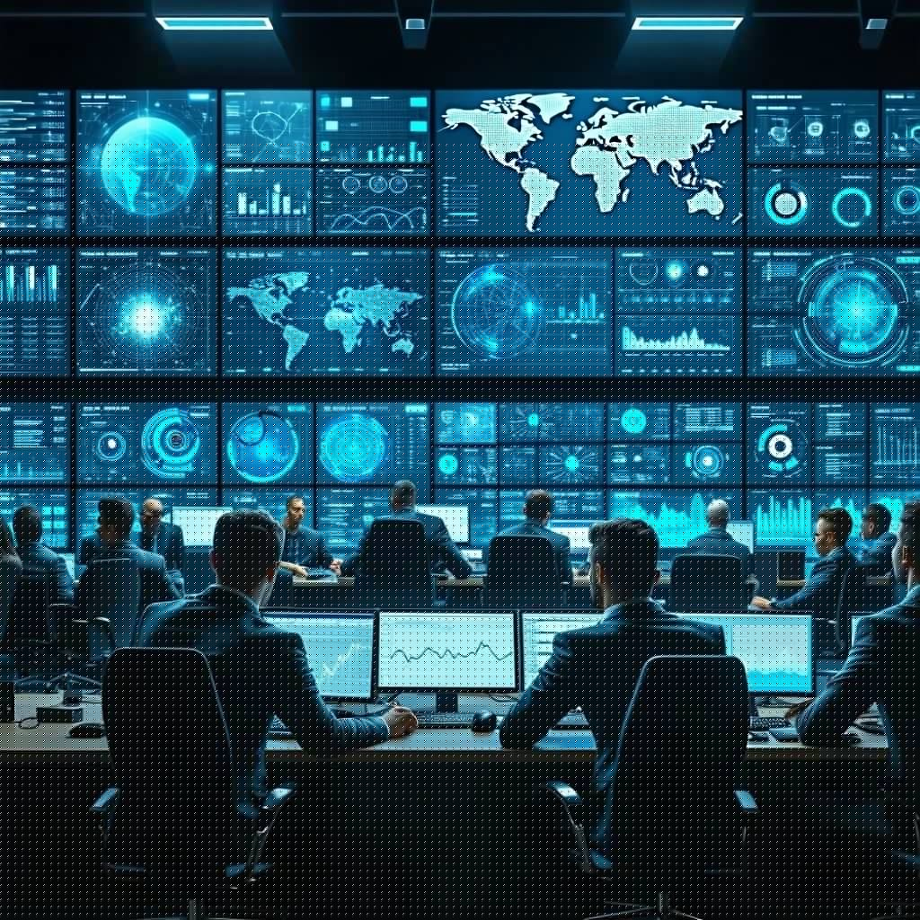 A hightech control room filled with large screens displaying realtime security analytics and threat maps In the foreground a diverse team of cybersecurity professionals intently focused analyzes data and discusses strategies Each screen shows various
