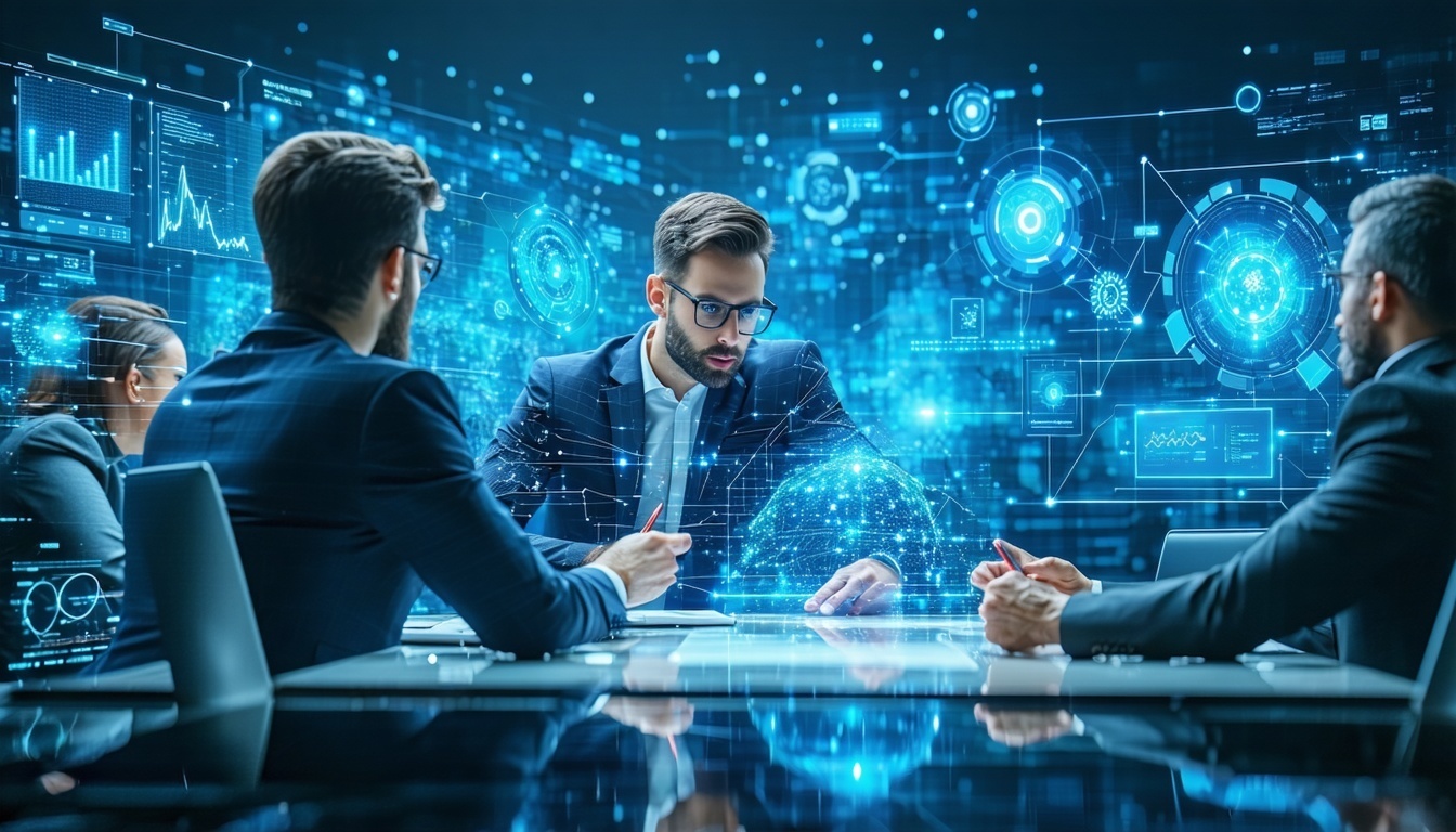 A professional team collaborating with AI-powered