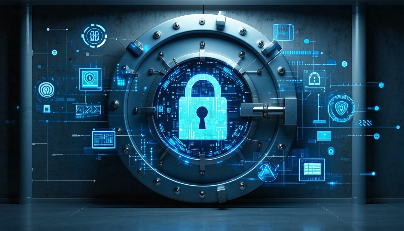 A vault with digital security symbols overlaying i