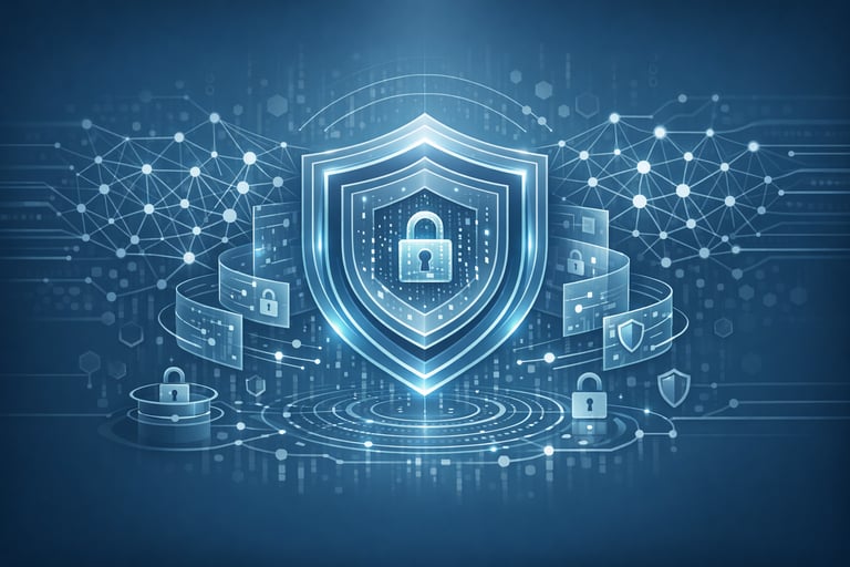 Clean minimalist visualization of AI security infrastructure with neural network patterns and protective encryption layers